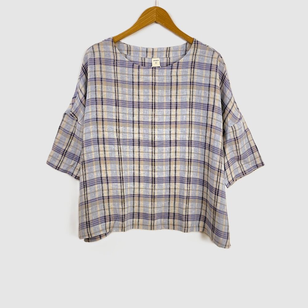 Lintico Aurora Linen Gingham Checked Boatneck 3/4 Sleeve Top - Picture 2 of 12